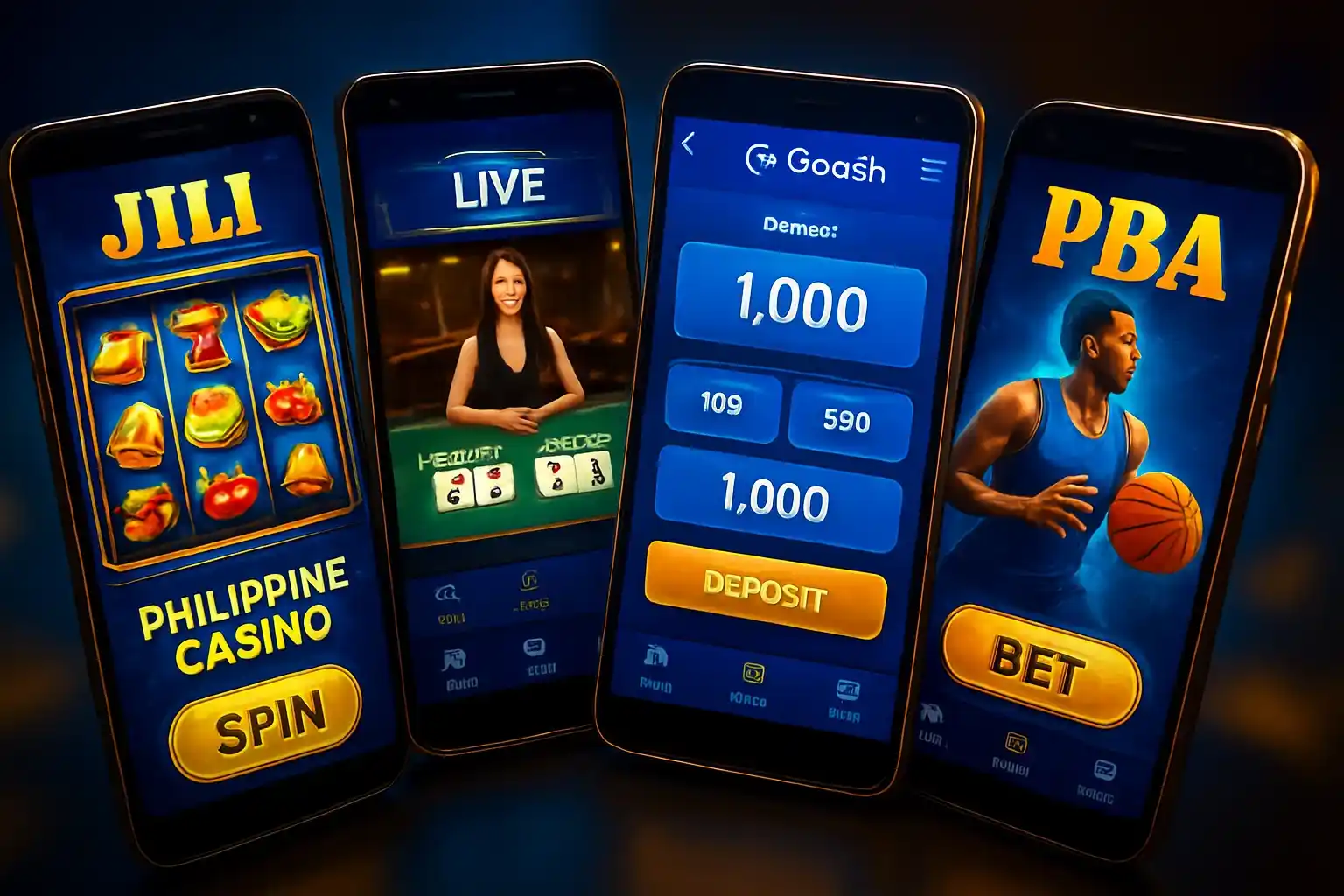 Multiple Android screens showing Philippine casino app with slots, baccarat, GCash, sports betting