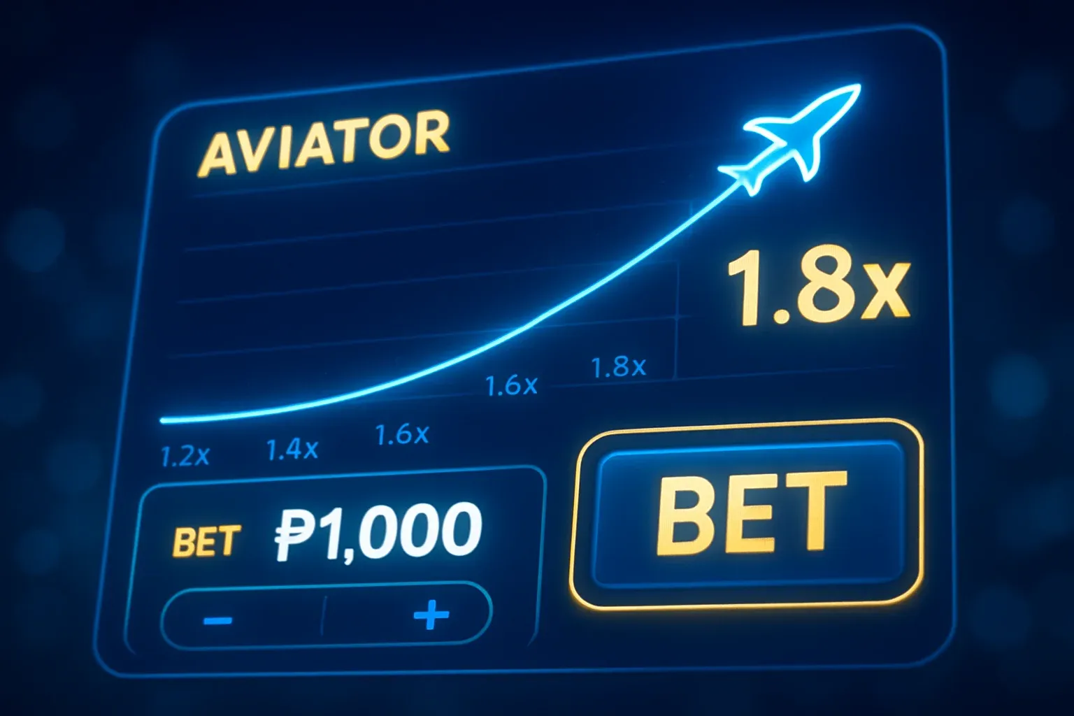 Close-up aviator crash game UI with plane trajectory, multiplier graph, and PHP bets