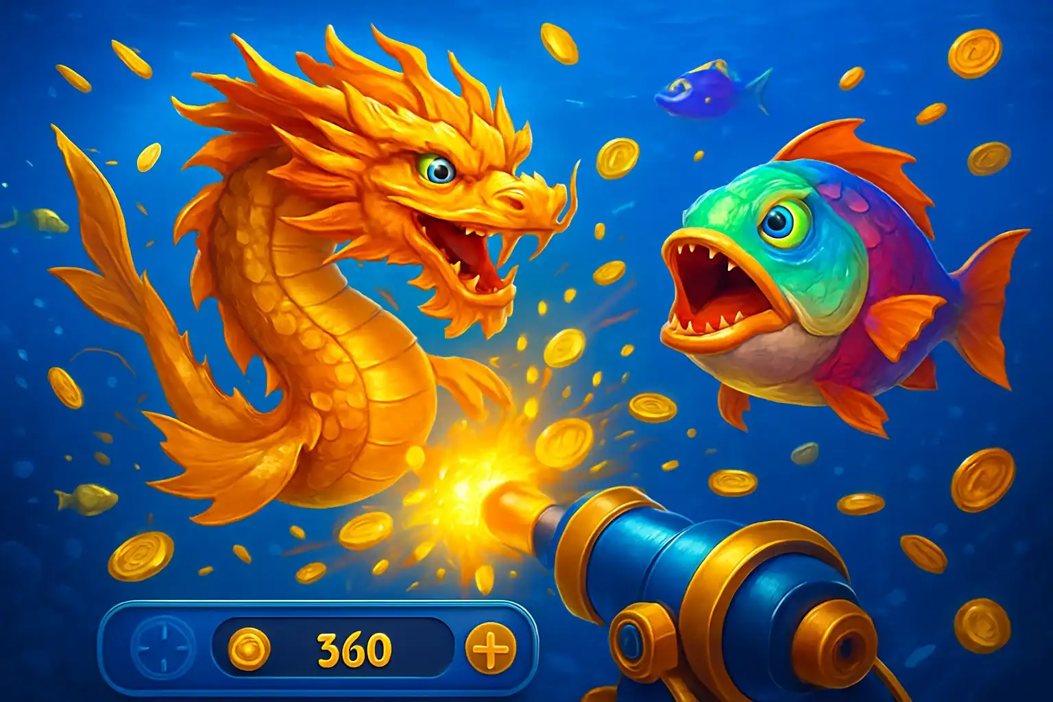 Vibrant Philippine casino fishing game with colorful fish and cannon UI