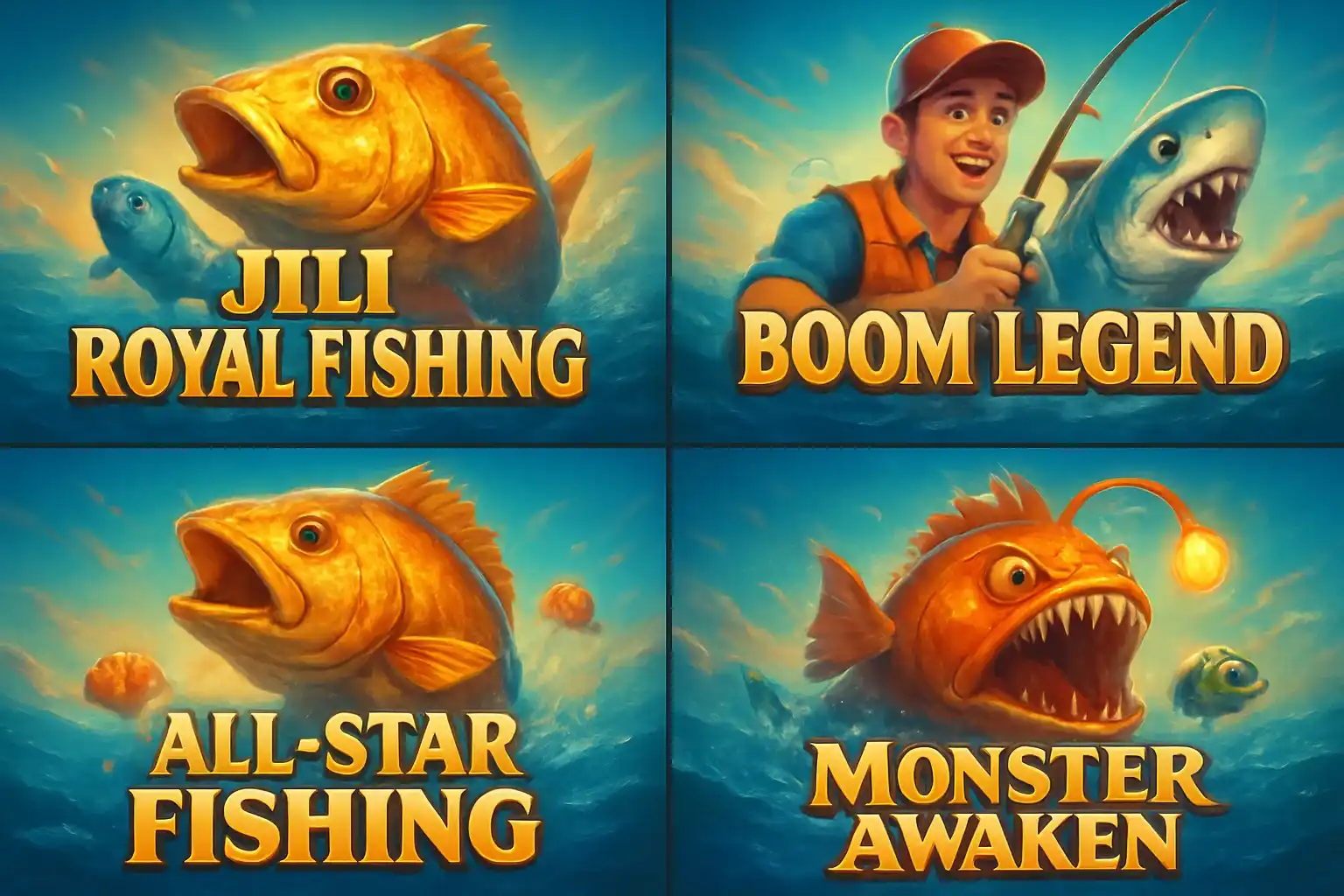 Grid of popular Philippine fishing game thumbnails in blue and gold