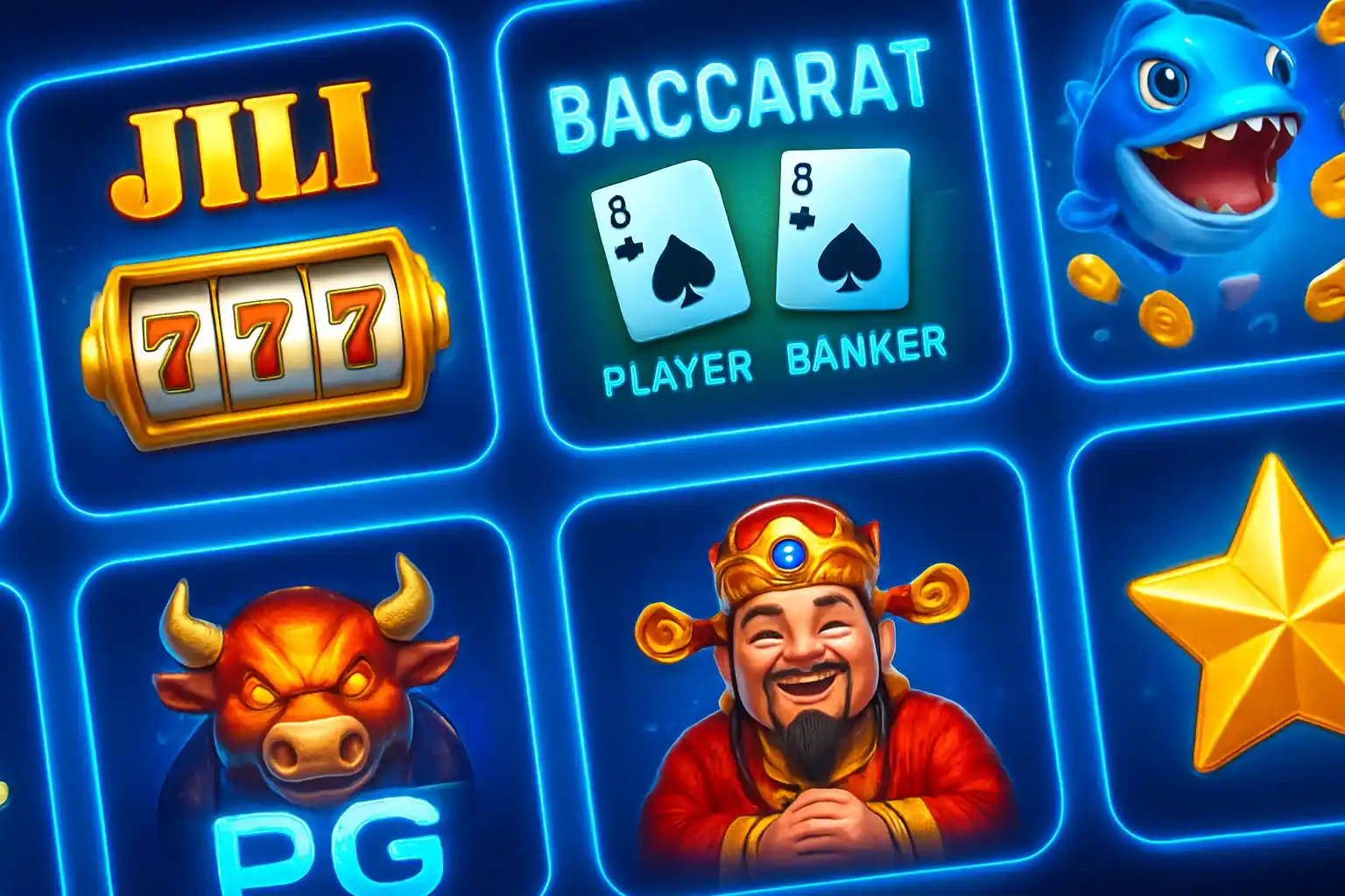 Colorful grid of Philippine casino games with JILI slots, baccarat, fishing, PG Soft