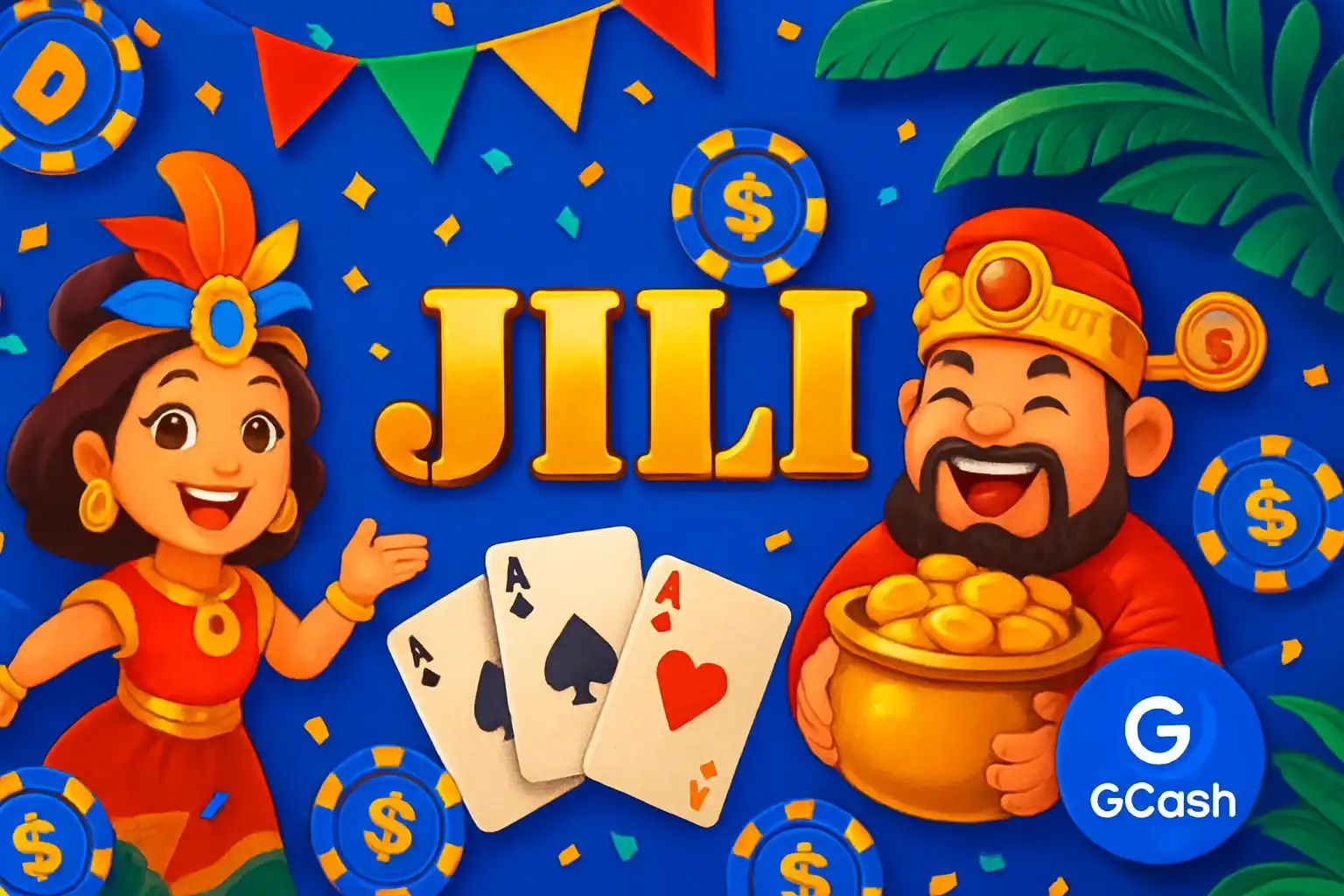 Vibrant Philippine online casino hero banner with JILI characters and GCash badge