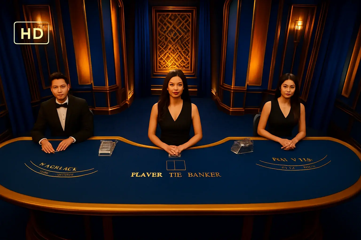 Elegant live casino studio with Asian dealers, baccarat and blackjack tables