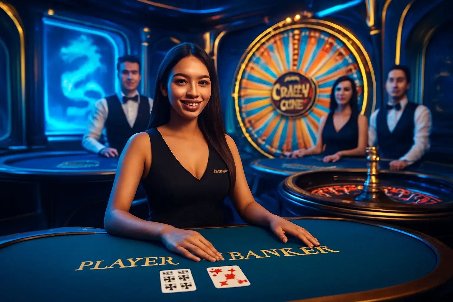 Live casino game cards with dealers, baccarat, roulette, Crazy Time wheel