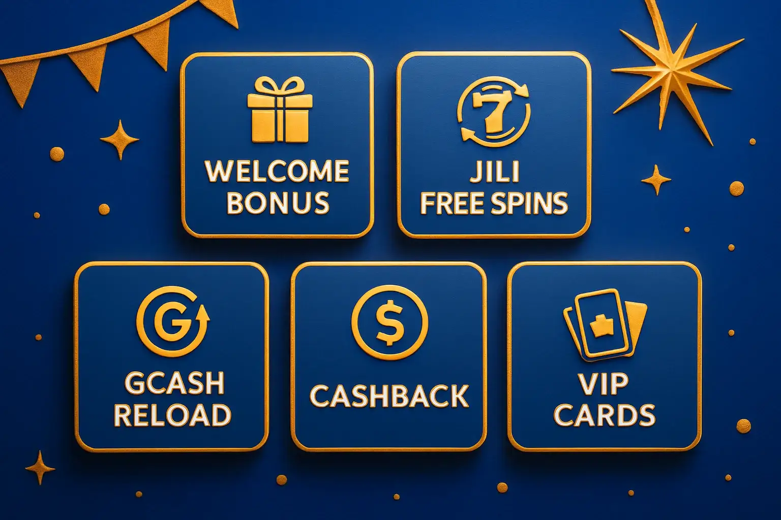 Welcome bonus, JILI free spins, GCash reload, cashback and VIP cards display