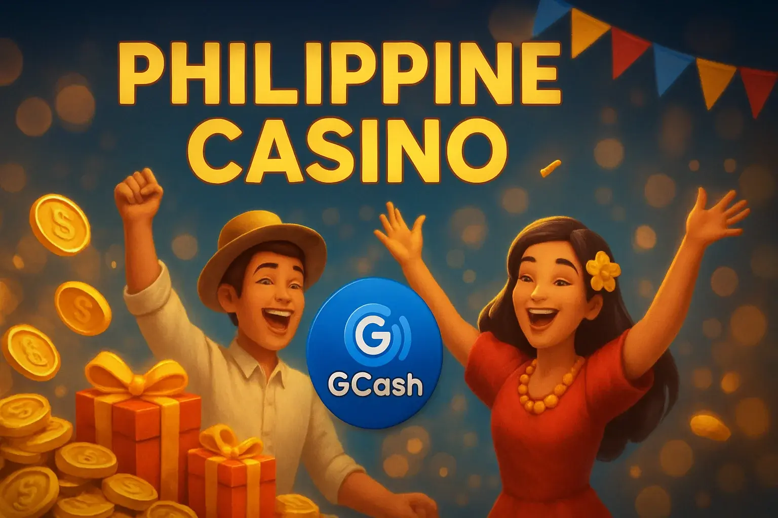 Philippine casino promotions banner with gold coins, gift boxes, GCash badge, JILI characters
