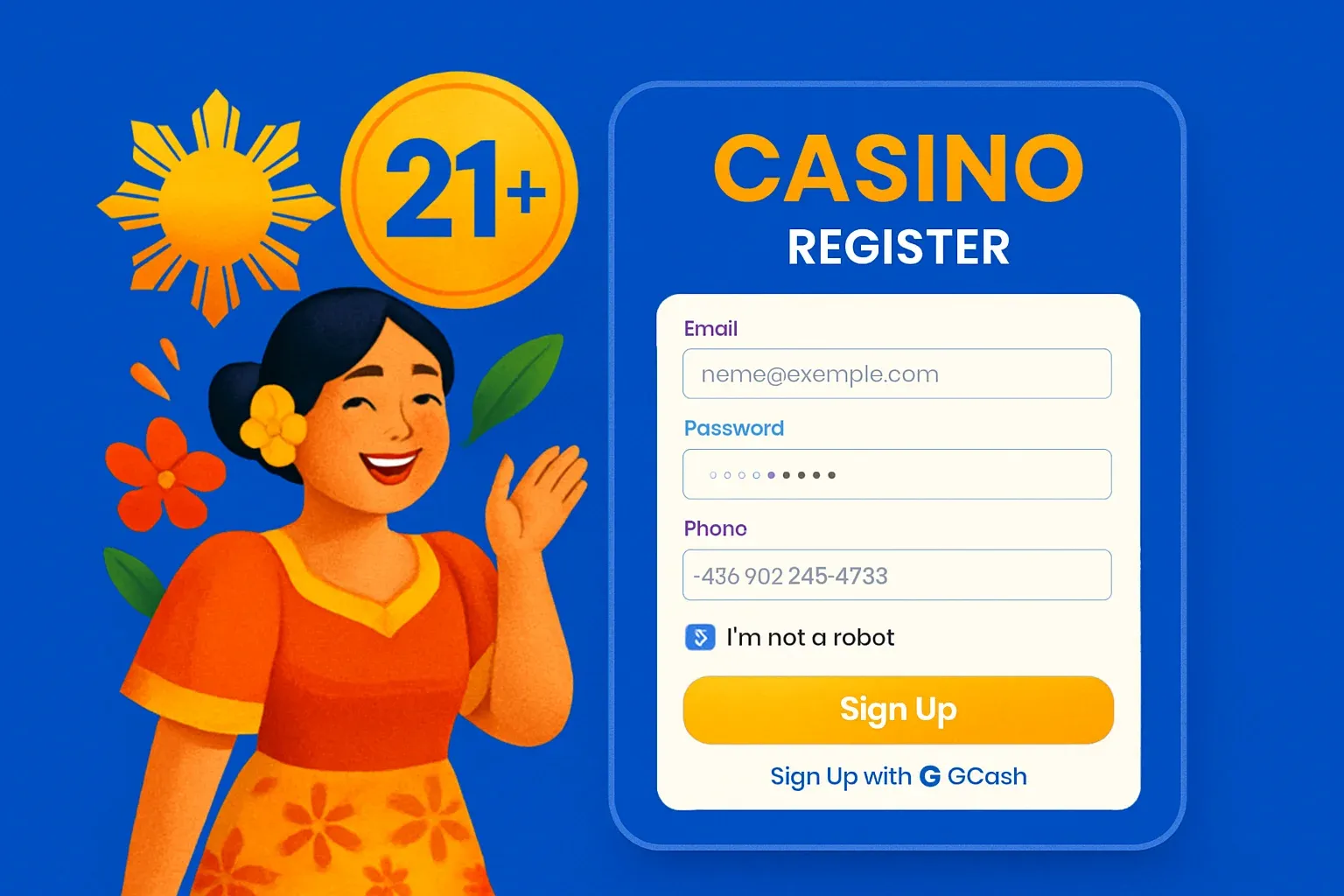 Philippine casino sign-up form on royal blue with gold 21+ badge and GCash logo