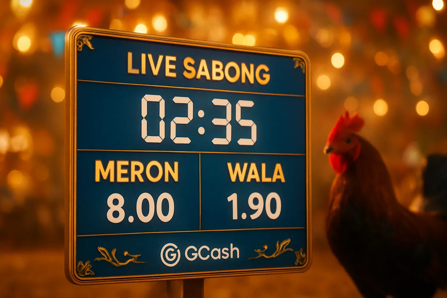 Live sabong countdown timer with Meron vs Wala betting panel and GCash badge
