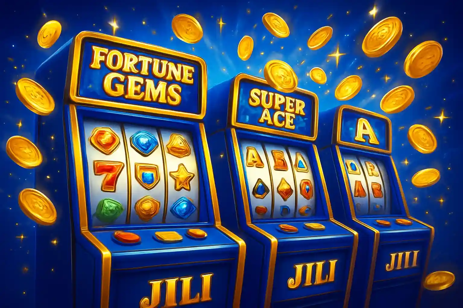 Bright Philippine casino slot machines with JILI symbols and exploding gold coins