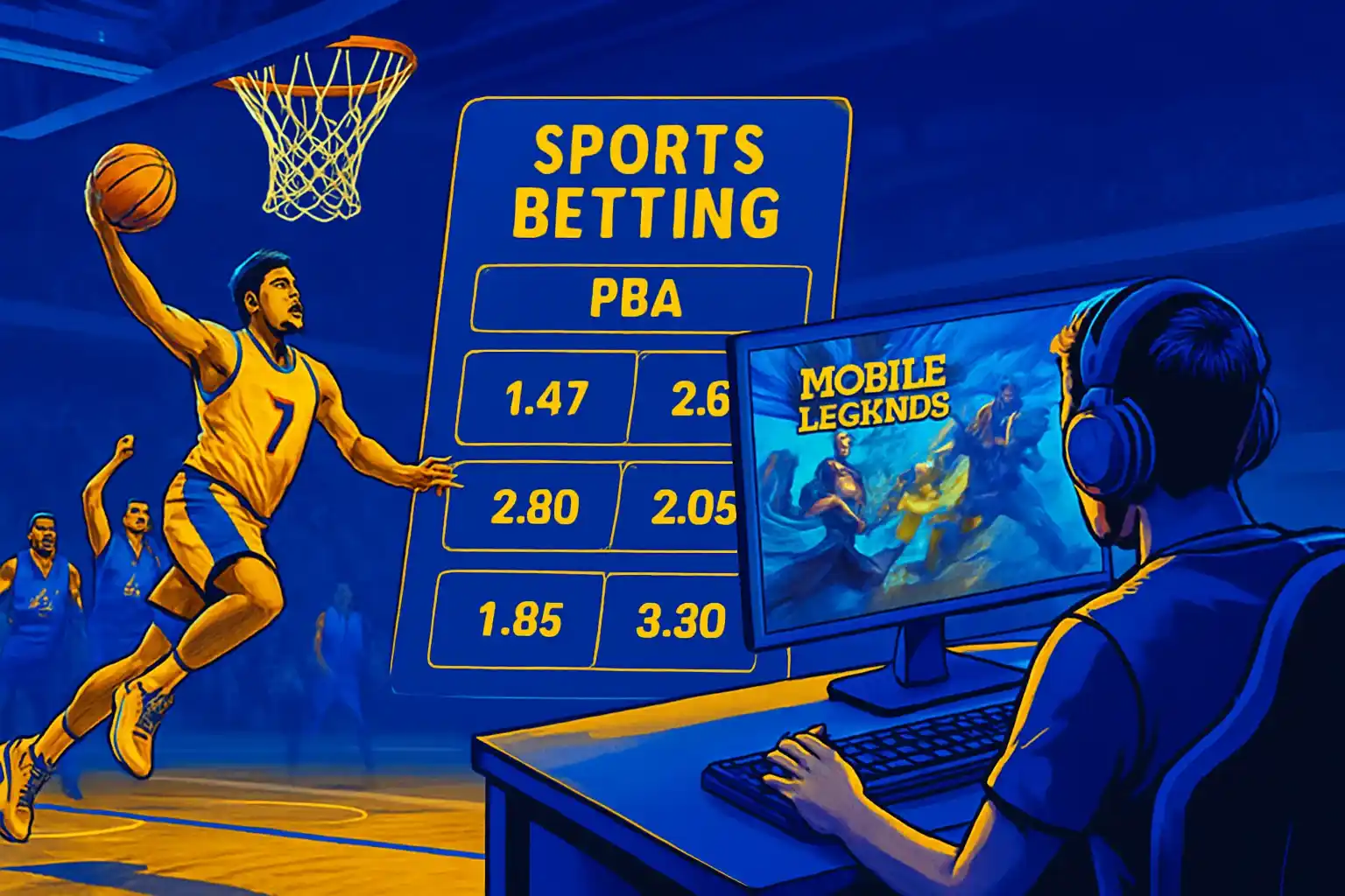 Dynamic Philippine sports betting banner with PBA action and Mobile Legends setup